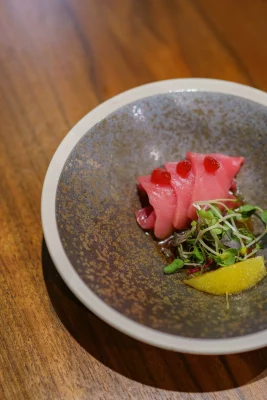 Chutoro sashimi with a cranberry-yuzu gelée.