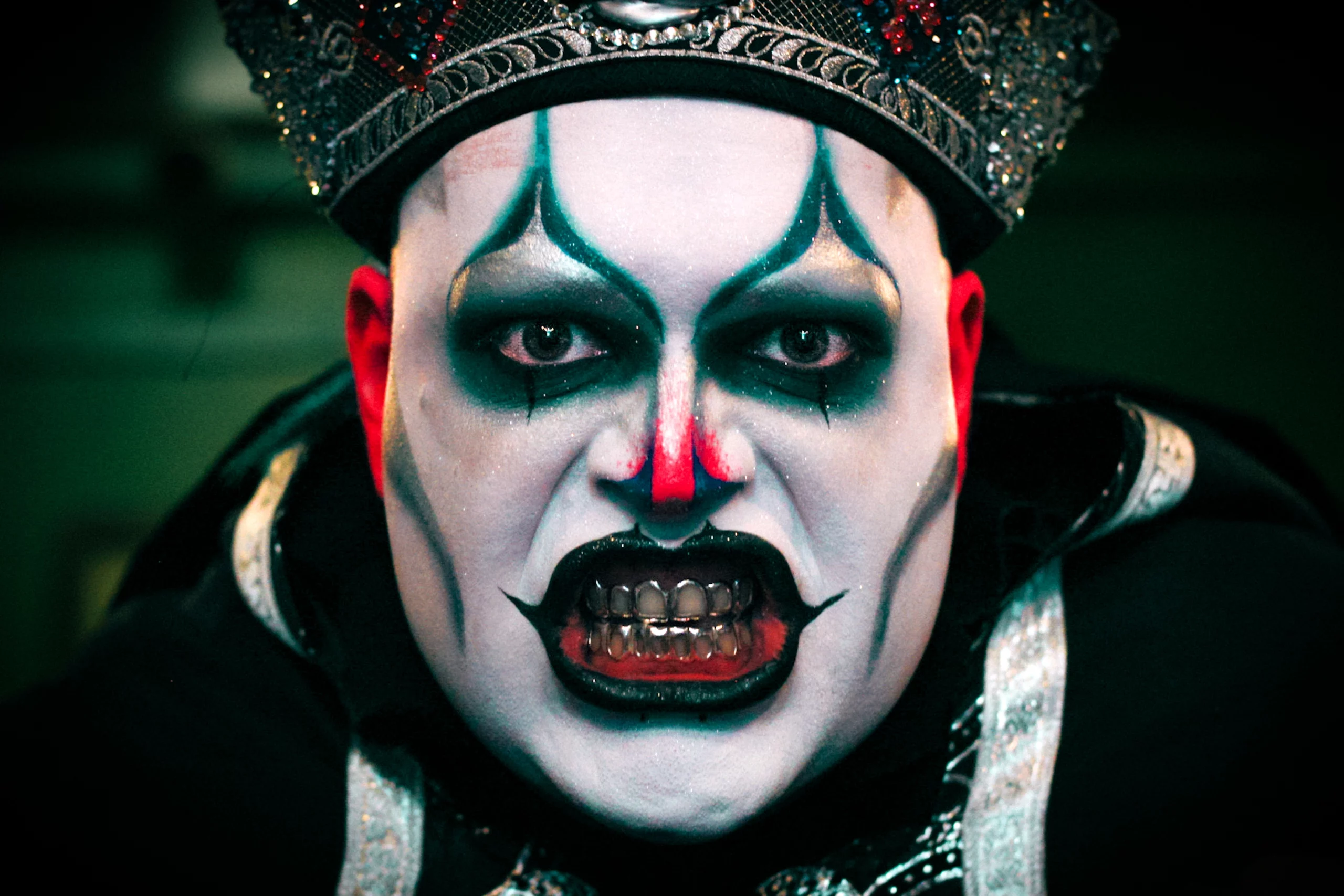 PJ Stinson or Daddy the Clown shown close up in full makeup and costume attire.